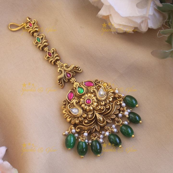 Stunning Peacock floral jadau maang tikka with gold beads
