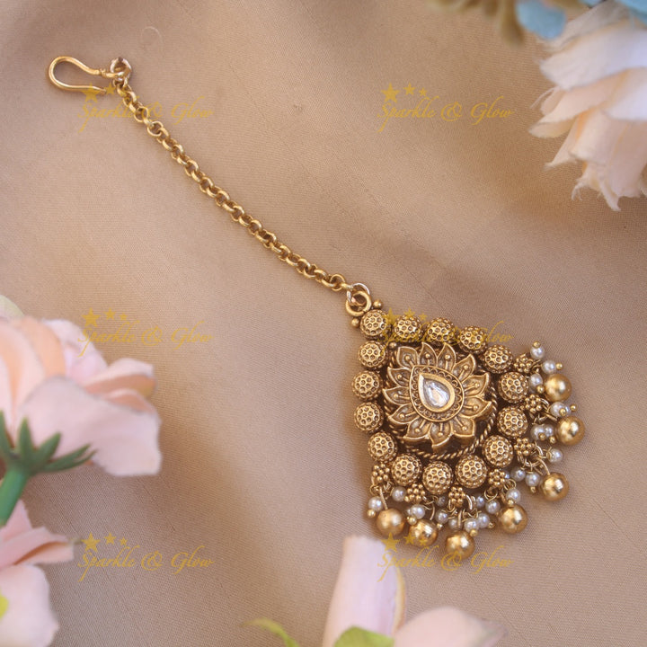 Leaf design gold alike maang tikka with pearls and gold beads