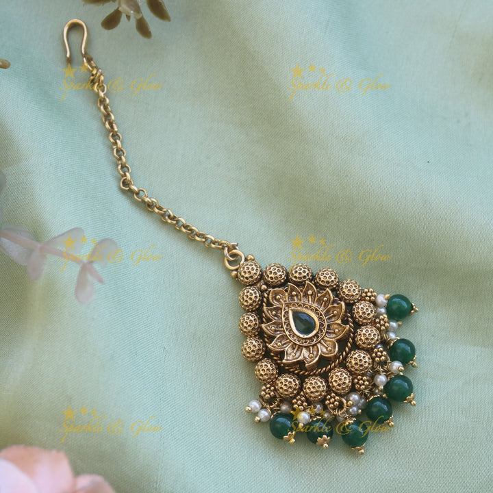 Leaf design gold alike maang tikka with pearls and gold beads