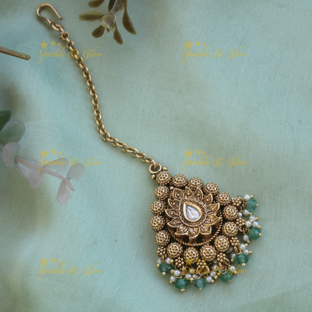 Leaf design gold alike maang tikka with pearls and gold beads