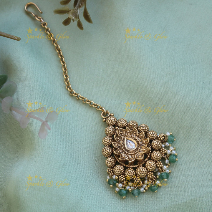 Leaf design gold alike maang tikka with pearls and gold beads