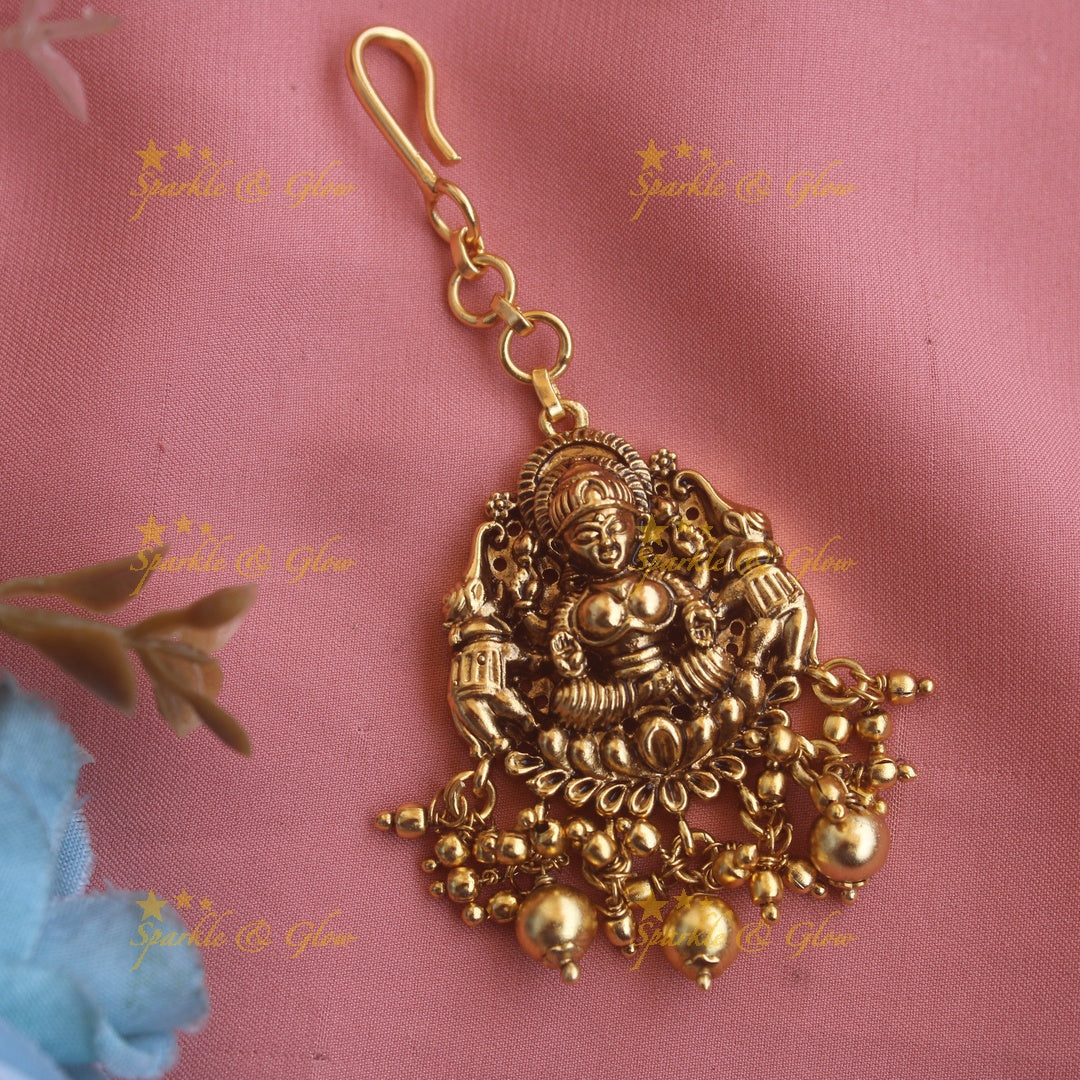 Elegant Lakshmi Elephant carved maang tikka with gold beads