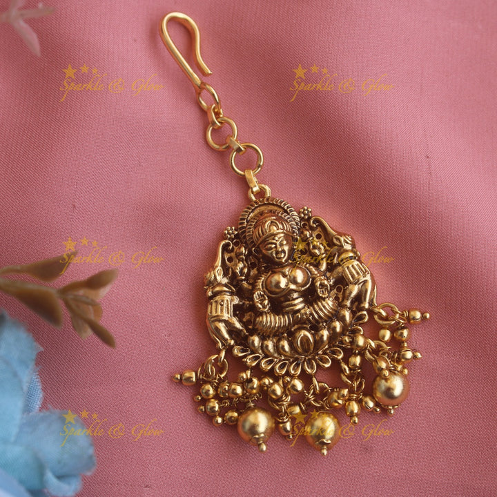 Elegant Lakshmi Elephant carved maang tikka with gold beads