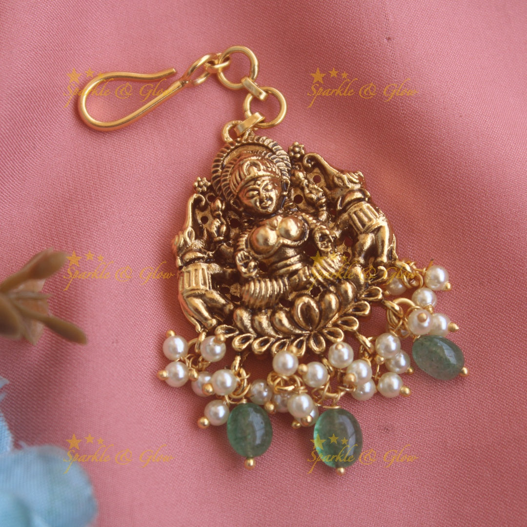 Elegant Lakshmi Elephant carved maang tikka with gold beads