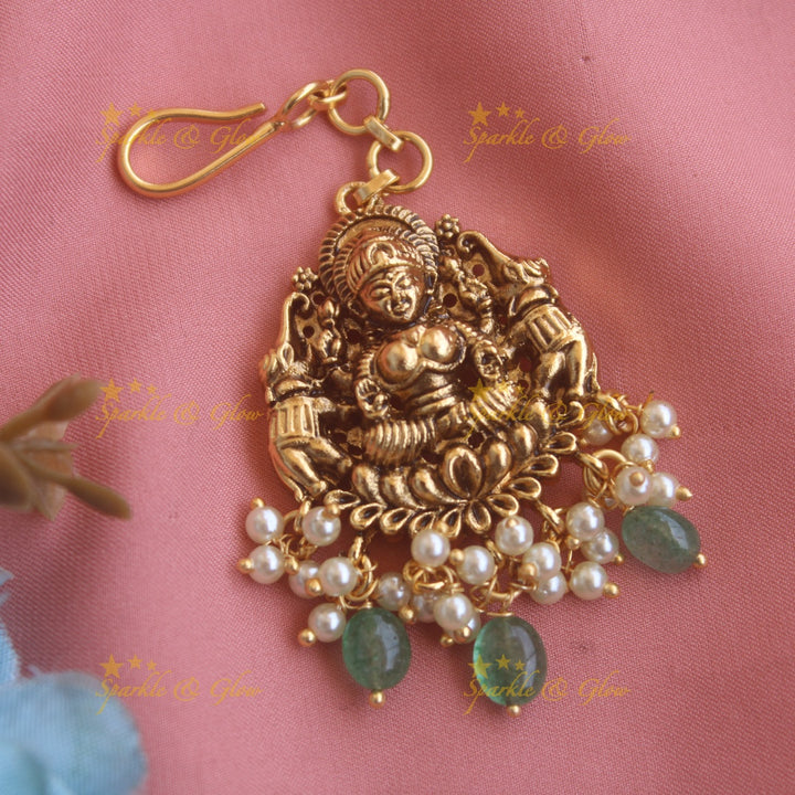 Elegant Lakshmi Elephant carved maang tikka with gold beads