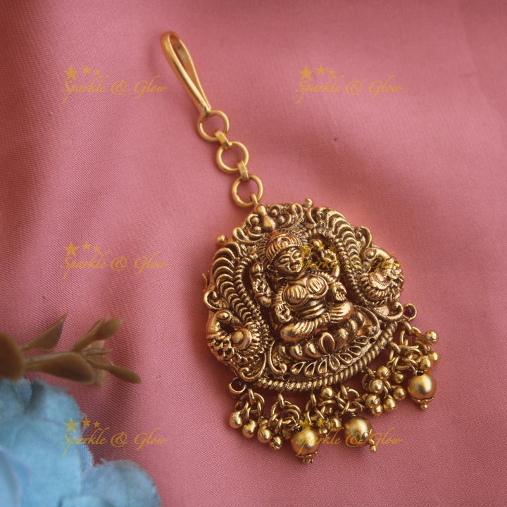 Gold alike Lakshmi peacock carved maang tikka with gold beads