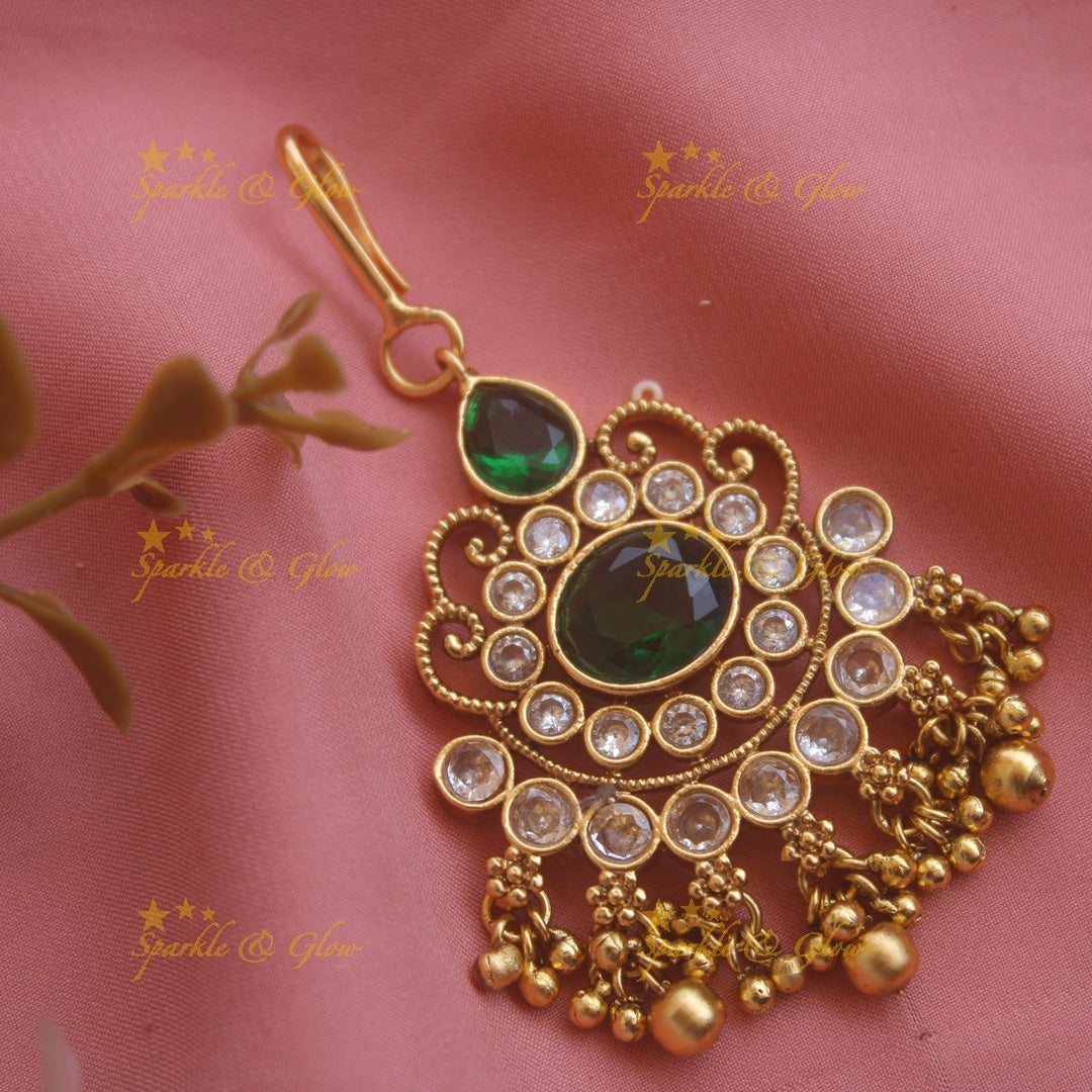 Elegant Floral maang tikka with red green white stones and mint green beads