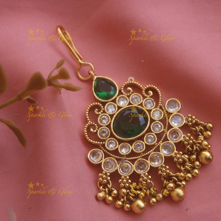 Elegant Floral maang tikka with red green white stones and mint green beads