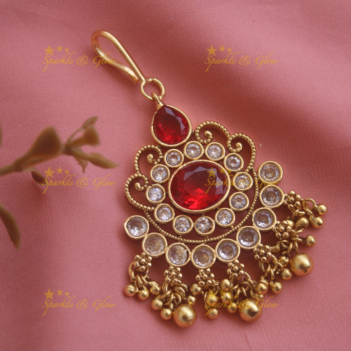 Elegant Floral maang tikka with red green white stones and mint green beads