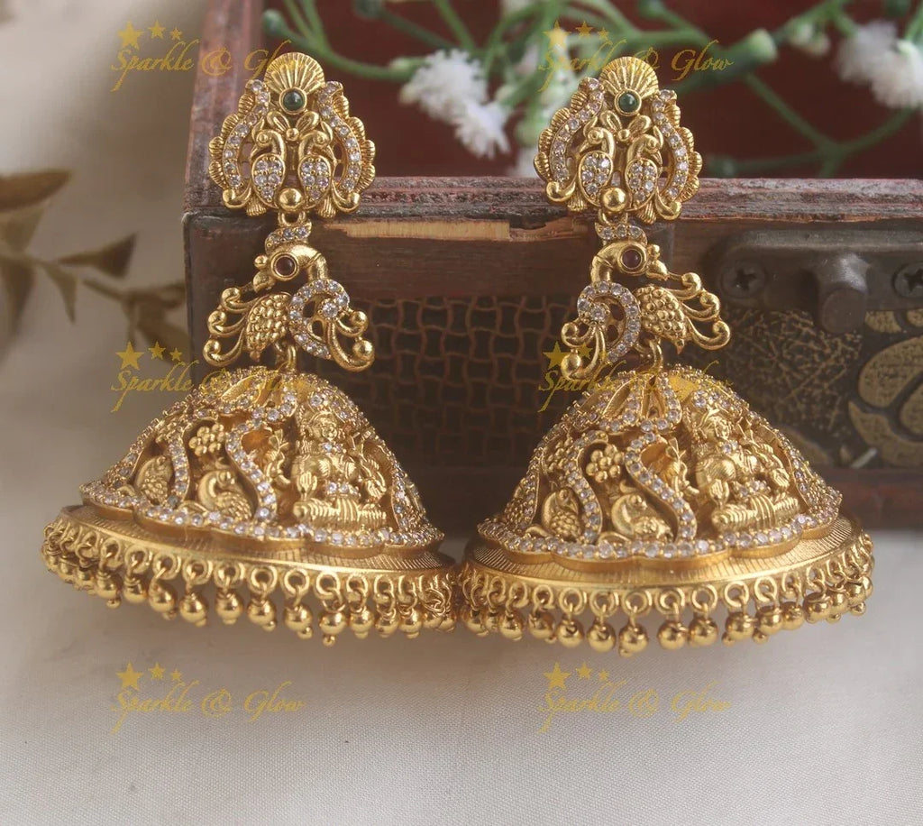 Lakshmi Peacock Gold Beads Jhumuka with AD Stones