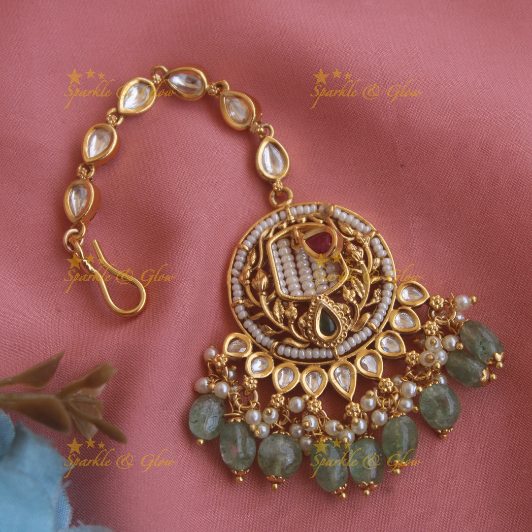 Statement floral leaf design kundan maang tikka with pearls and maroon beads
