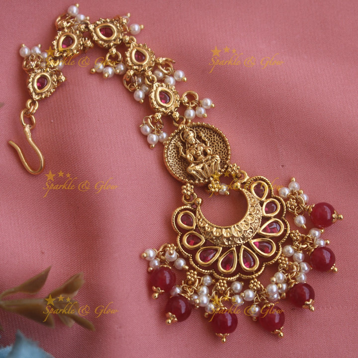 Beautiful Lakshmi half moon jadau maang tikka with red beads