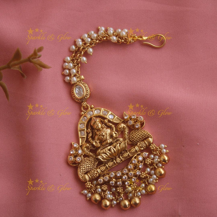 Elegant Lakshmi peacock gutta pusalu maang tikka with gold beads - Sparkle and Glow