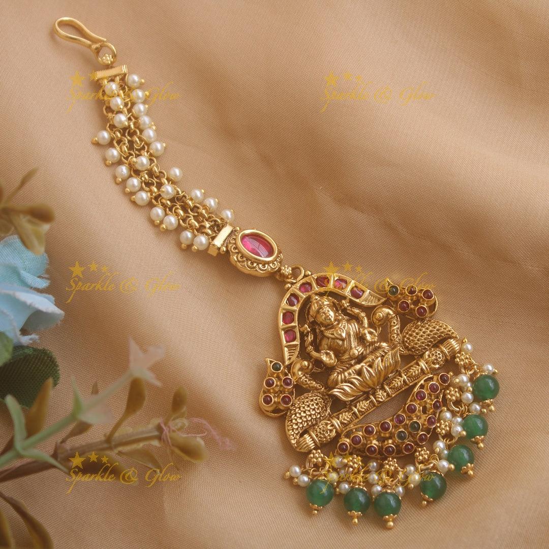 Elegant Lakshmi peacock gutta pusalu maang tikka with gold beads - Sparkle and Glow