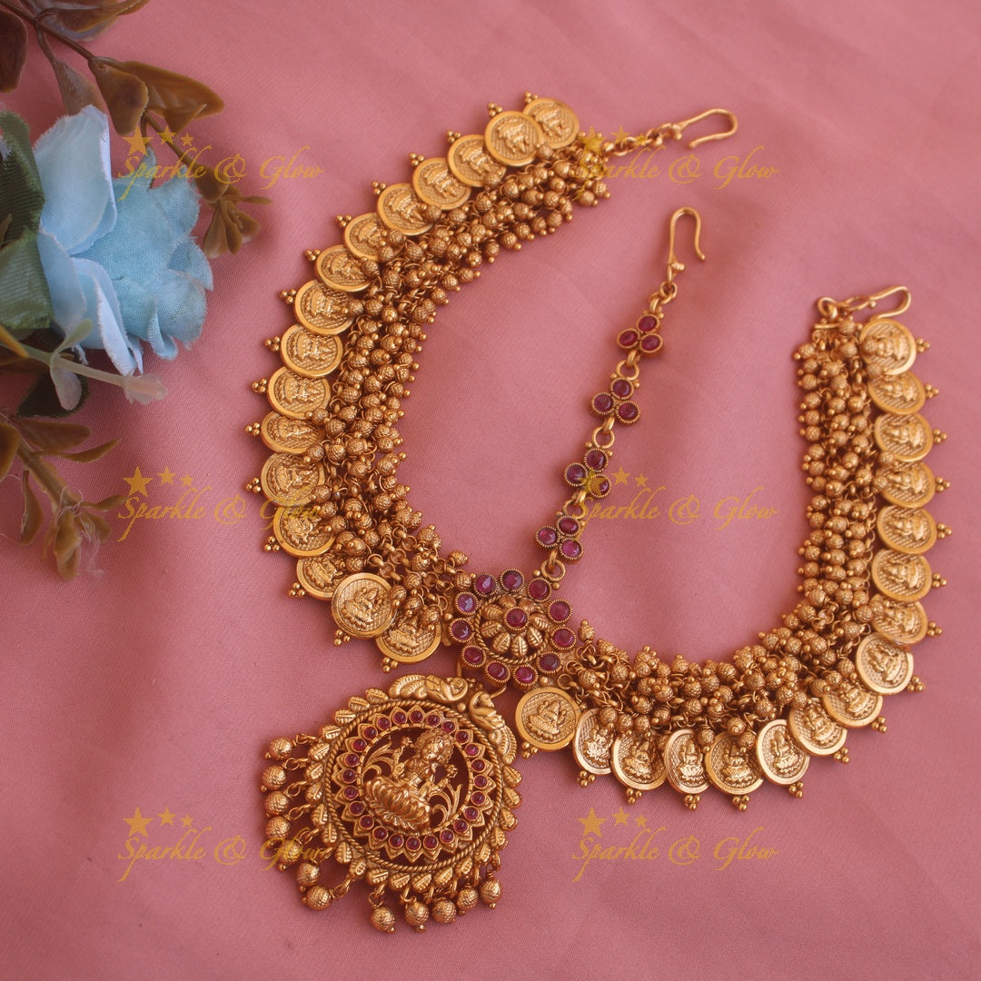 Exqisite Lakshmi Coin Bridal three side maang tikka with gold cluster beads and kemp stones