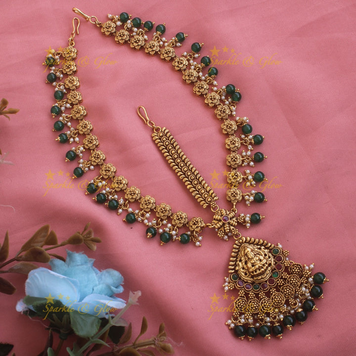 Beautiful Lakshmi floral Bridal three side maang tikka with green beads