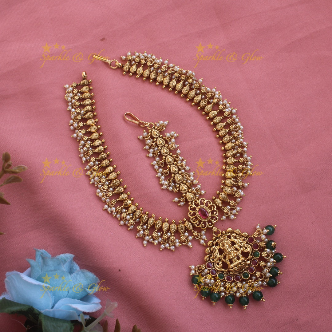 Gorgeous Lakshmi gutta pusalu Bridal three side maang tikka with ruby emerald and green beads