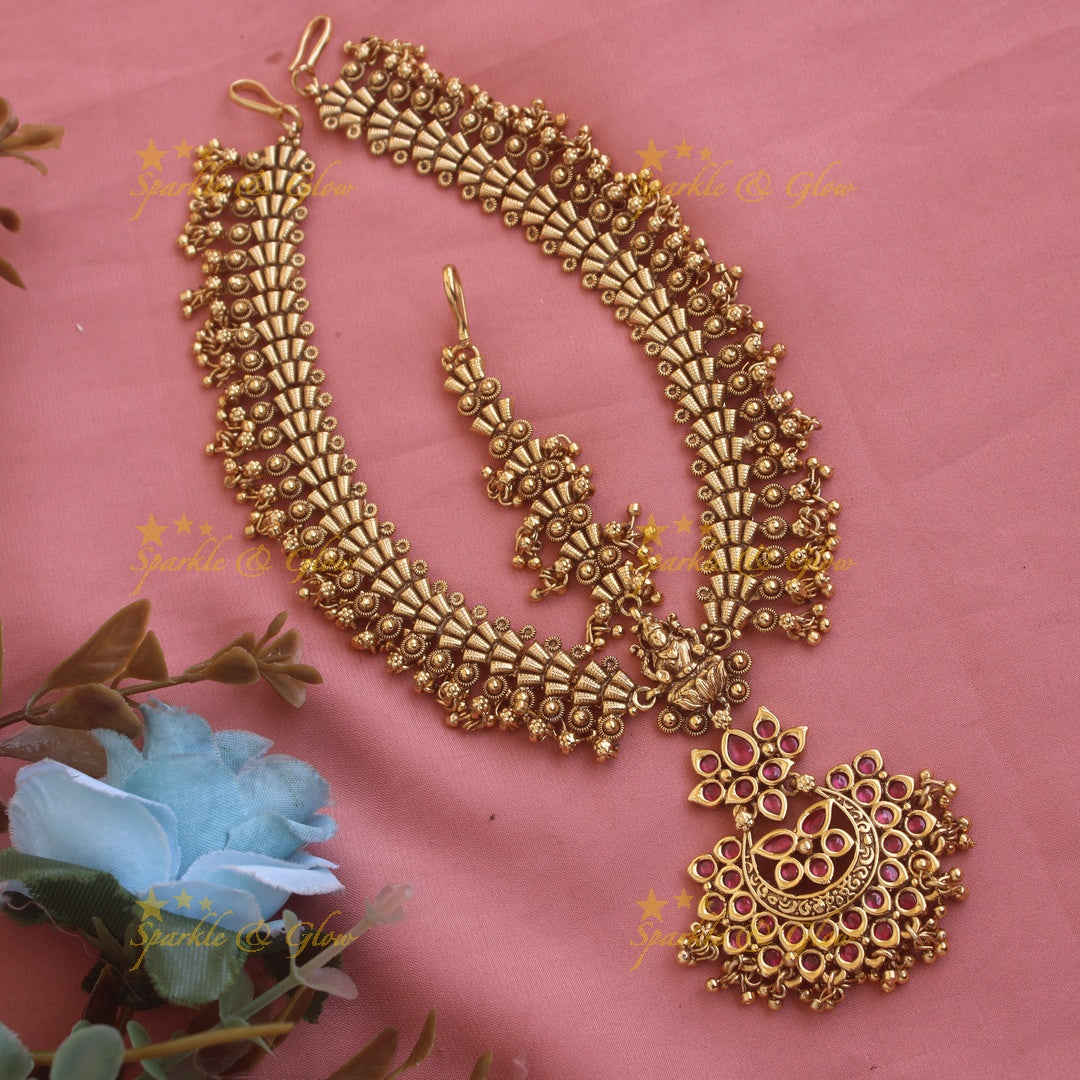 Gold alike Lakshmi gutta puaslu Bridal three side maang tikka with ruby emerald and pearls
