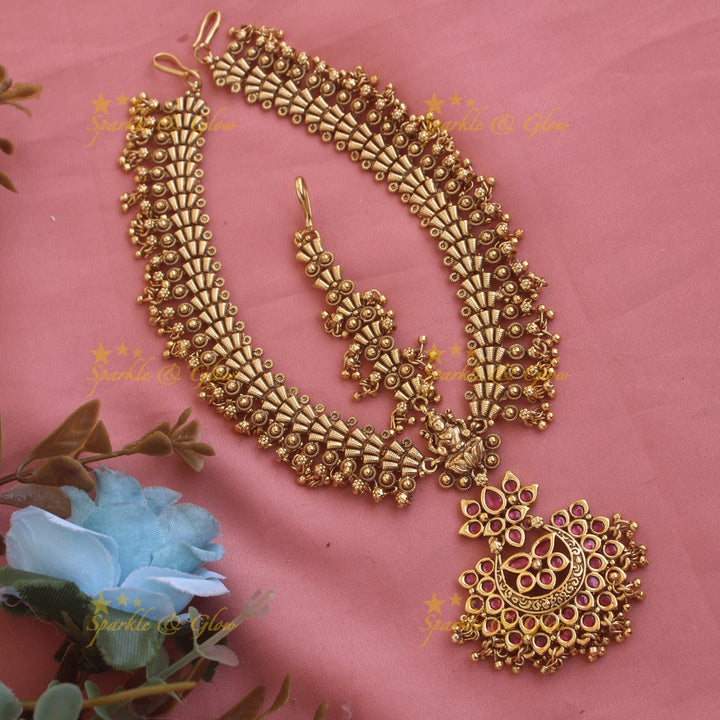 Gold alike Lakshmi gutta puaslu Bridal three side maang tikka with ruby emerald and pearls