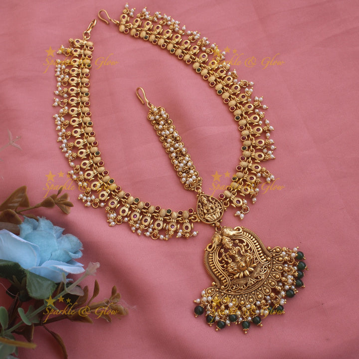 Grand Lakshmi elephant carved gutta pusalu Bridal three side maang tikka with gold beads and pearls