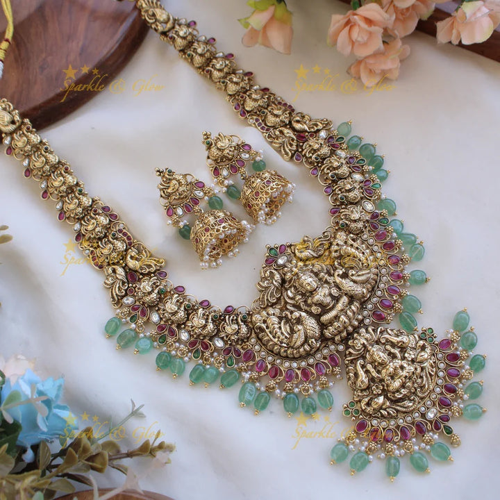 Grand Bridal Lakshmi peacock carved kemp stone long necklace with pearls and mint green beads - white - Sparkle and Glow