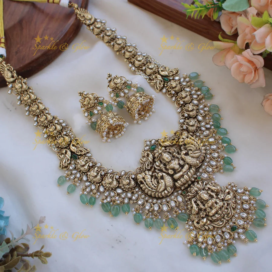 Grand Bridal Lakshmi peacock carved kemp stone long necklace with pearls and mint green beads - white - Sparkle and Glow