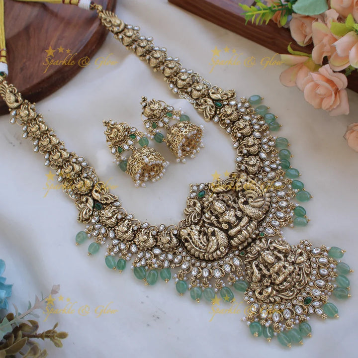 Grand Bridal Lakshmi peacock carved kemp stone long necklace with pearls and mint green beads - white - Sparkle and Glow