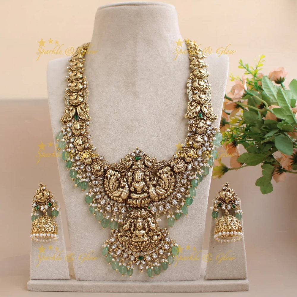 Grand Bridal Lakshmi peacock carved kemp stone long necklace with pearls and mint green beads - white - Sparkle and Glow