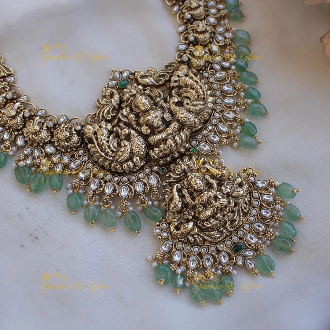 Grand Bridal Lakshmi peacock carved kemp stone long necklace with pearls and mint green beads - white - Sparkle and Glow
