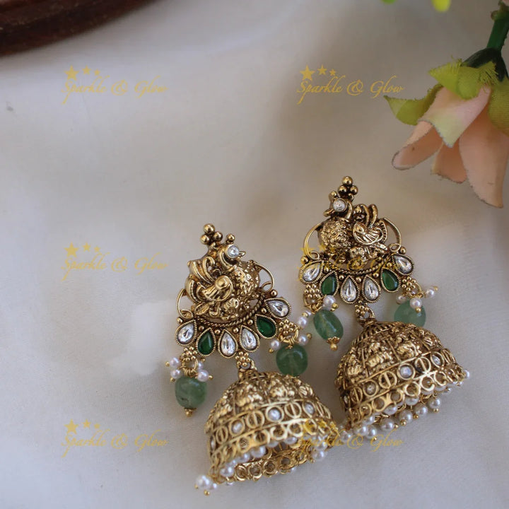 Grand Bridal Lakshmi peacock carved kemp stone long necklace with pearls and mint green beads - white - Sparkle and Glow