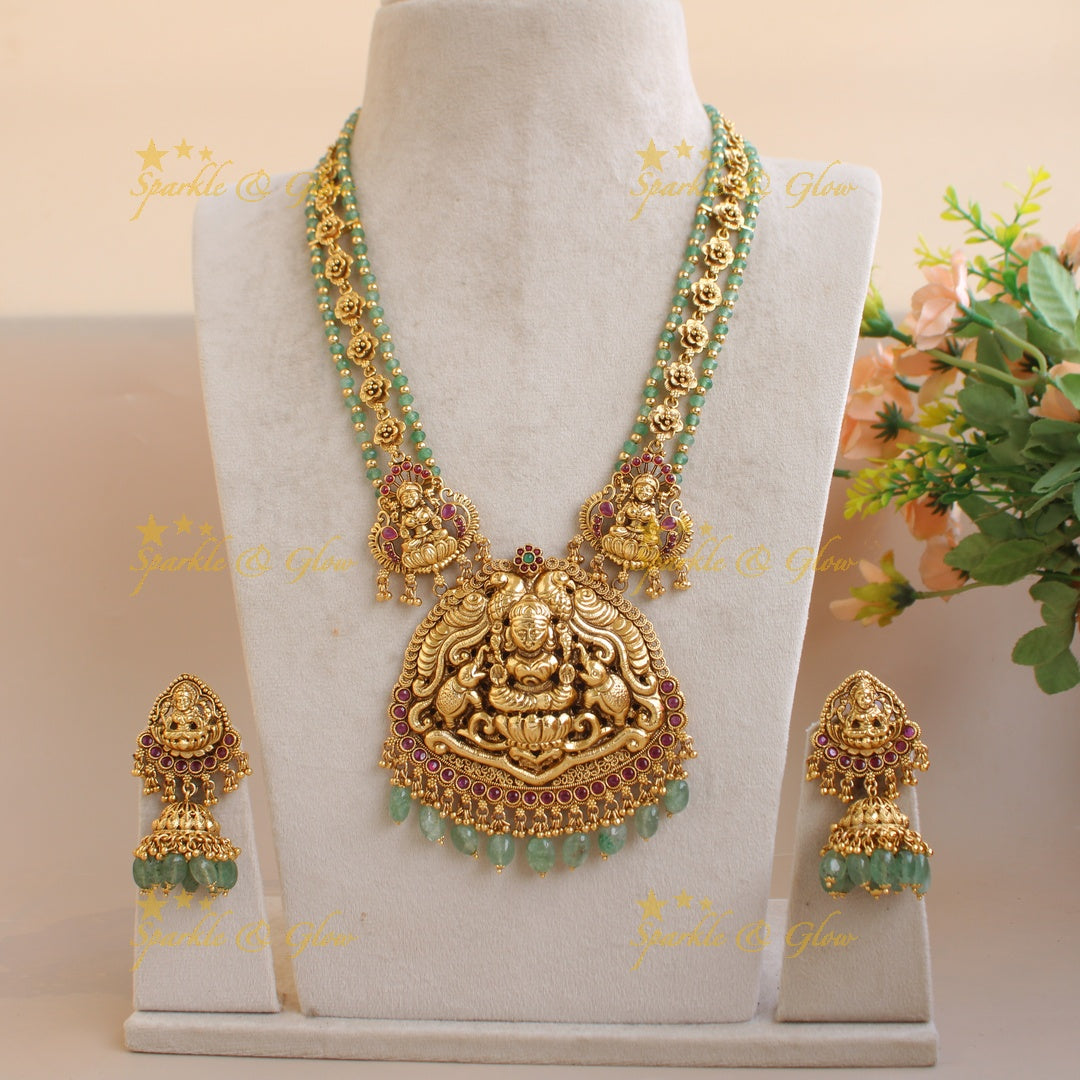 Exclusive Lakshmi elephant carved long necklace with ruby and mint green beads