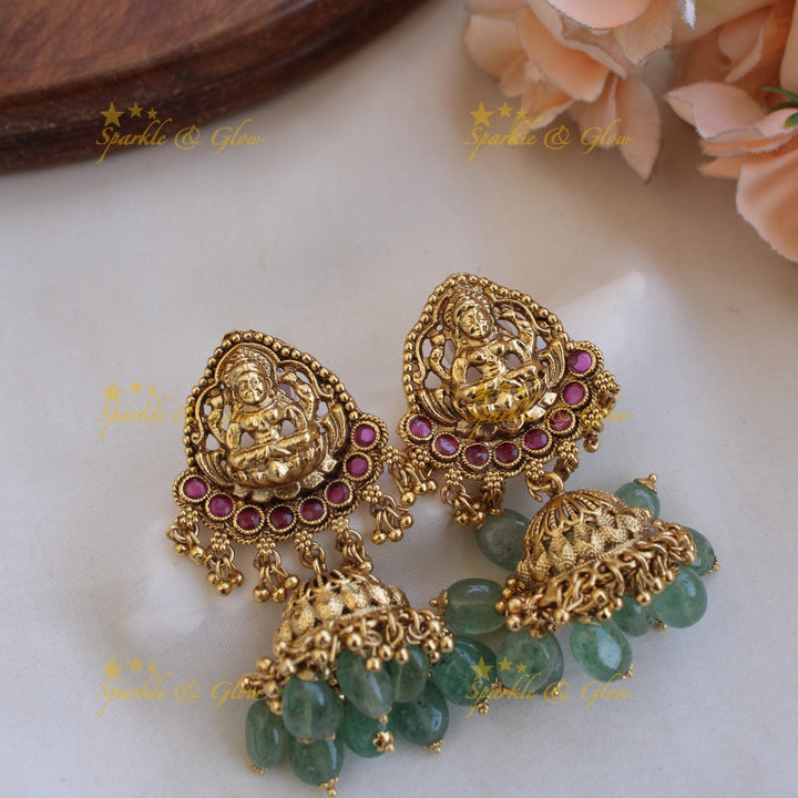 Exclusive Lakshmi elephant carved long necklace with ruby and mint green beads