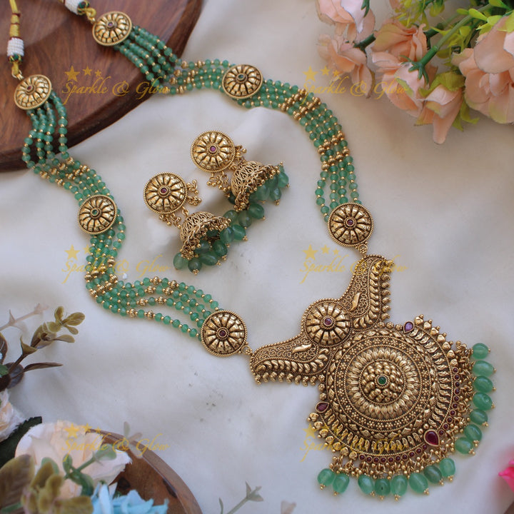 Stunning Flower design long necklace with multi layer beads chain - green