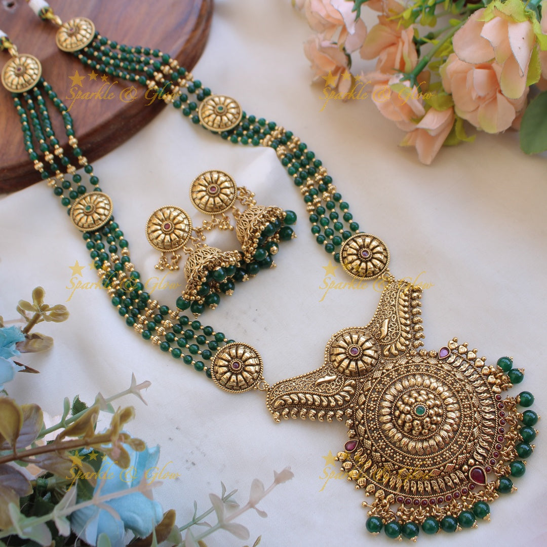 Stunning Flower design long necklace with multi layer beads chain - green