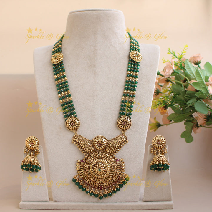 Stunning Flower design long necklace with multi layer beads chain - green
