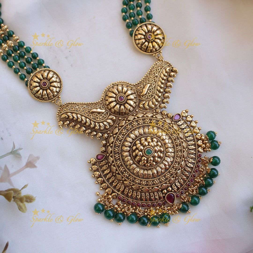 Stunning Flower design long necklace with multi layer beads chain - green
