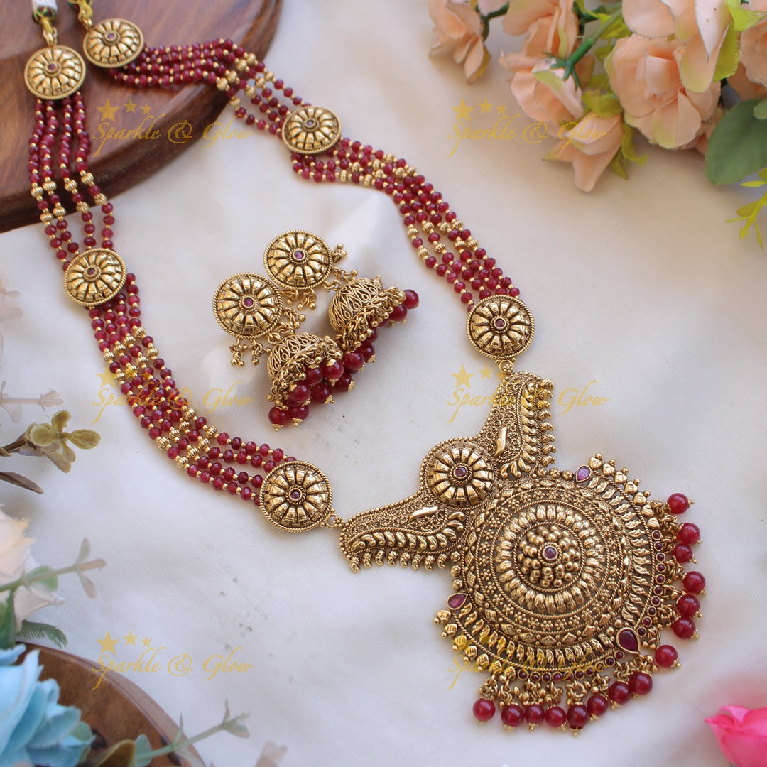 Stunning Flower design long necklace with multi layer beads chain - green