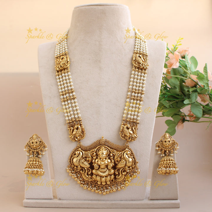 Exquisite Lakshmi peacock carved haram with multi layer beads chain - pearl and gold