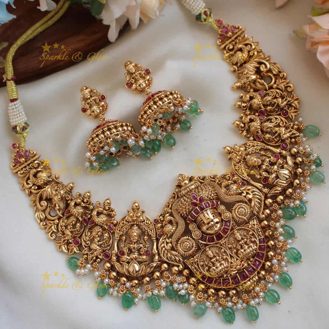 Gorgeous Lakshmi Balaji carved short necklace with ruby emerald pearls and gold beads - Sparkle and Glow