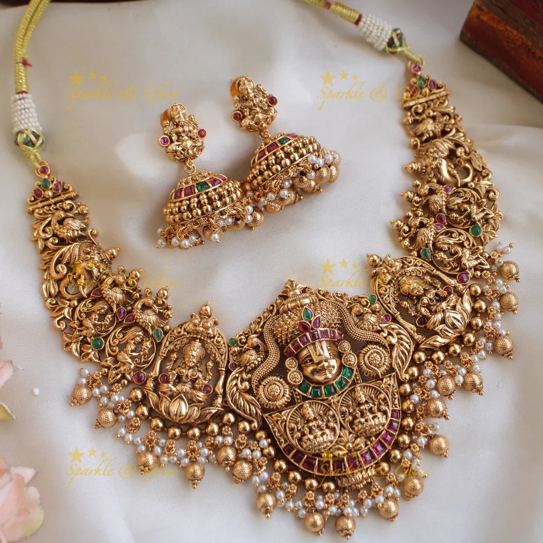 Gorgeous Lakshmi Balaji carved short necklace with ruby emerald pearls and gold beads - Sparkle and Glow