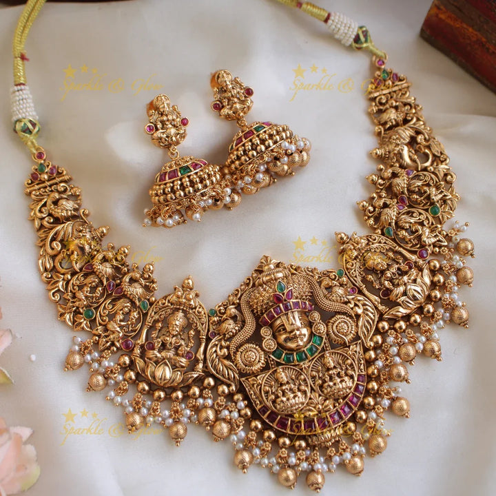 Gorgeous Lakshmi Balaji carved short necklace with ruby emerald pearls and gold beads - Sparkle and Glow