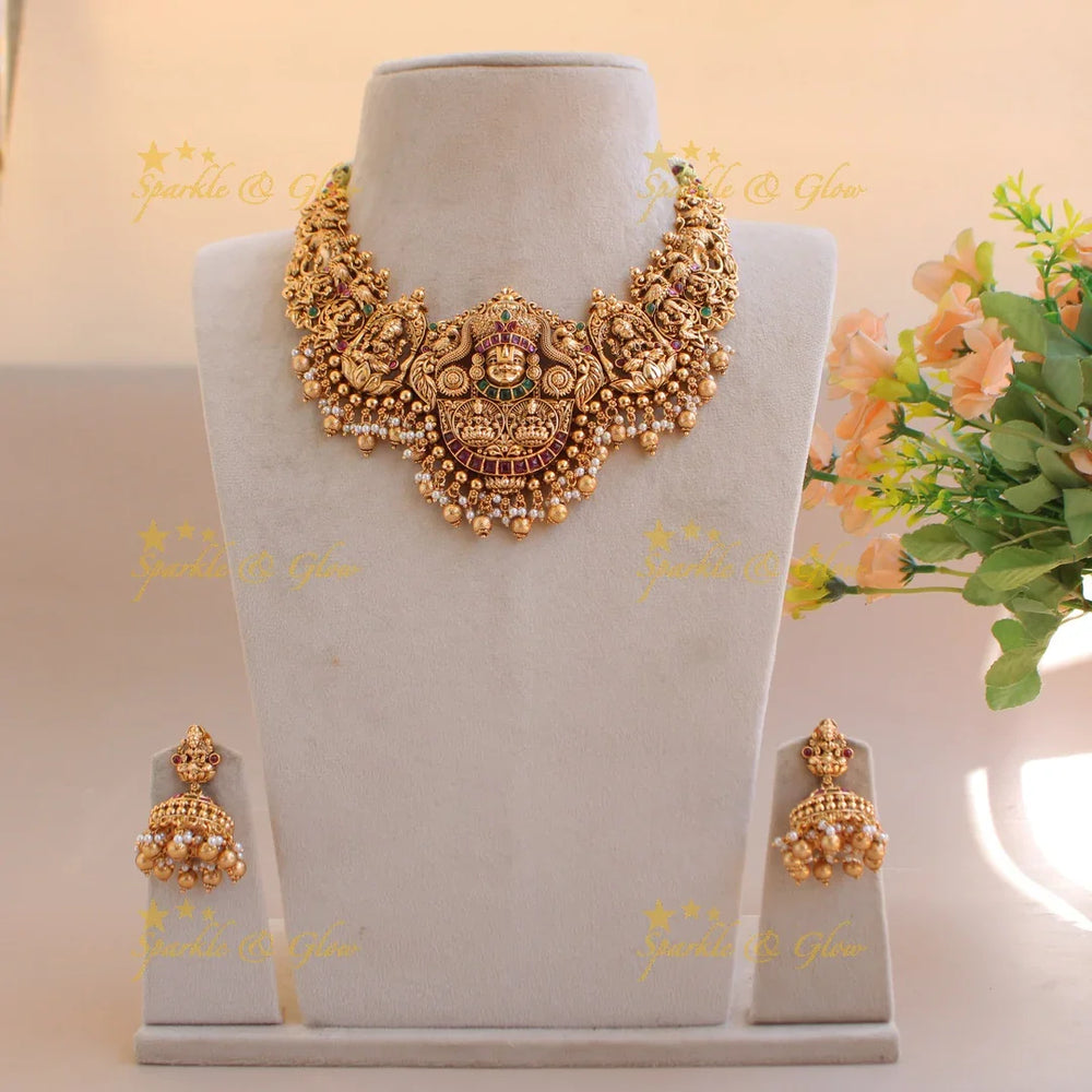 Gorgeous Lakshmi Balaji carved short necklace with ruby emerald pearls and gold beads - Sparkle and Glow