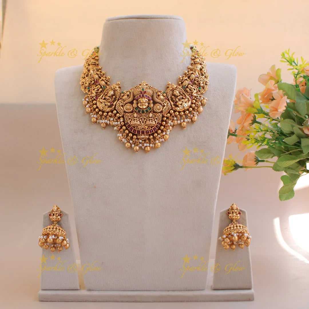 Gorgeous Lakshmi Balaji carved short necklace with ruby emerald pearls and gold beads - Sparkle and Glow