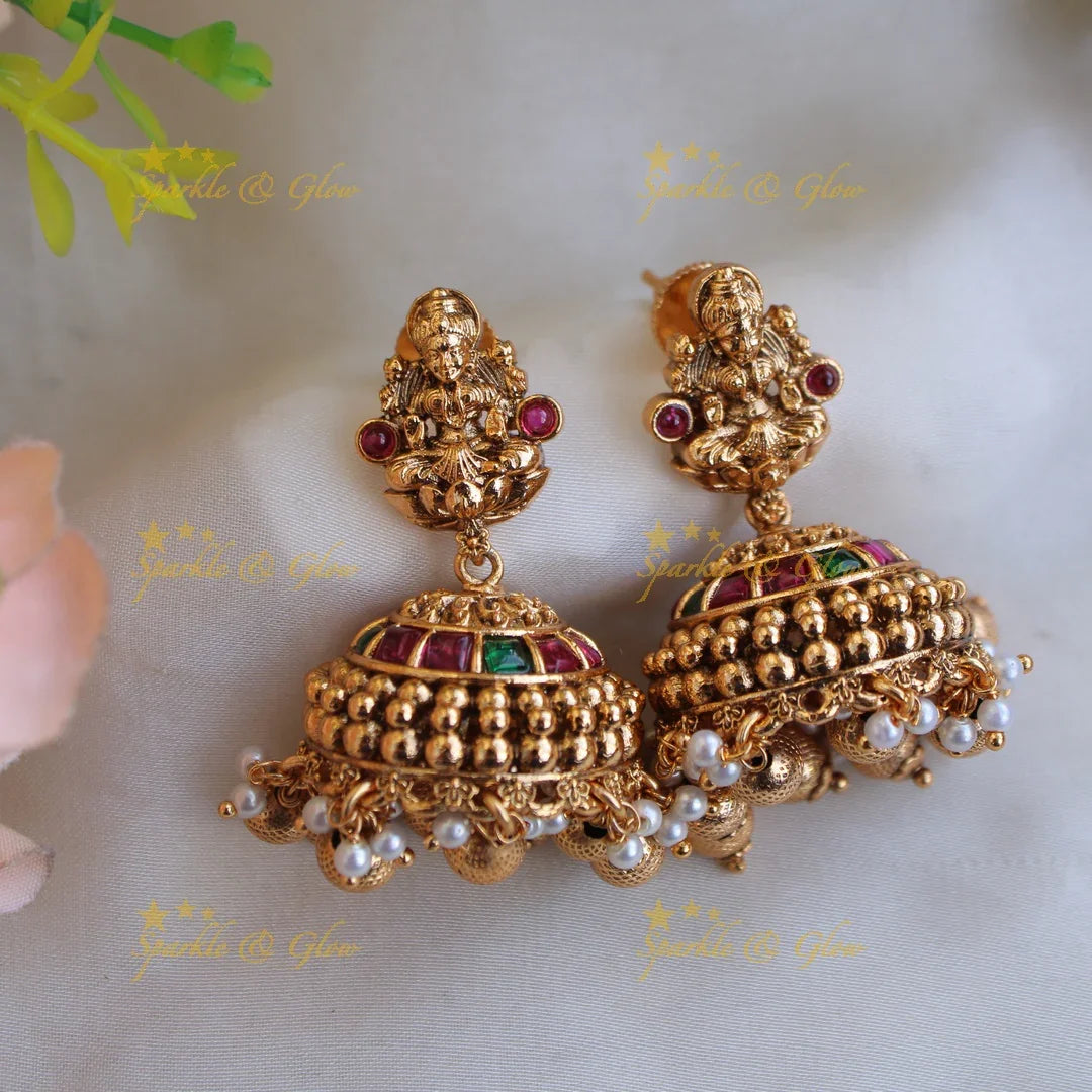Gorgeous Lakshmi Balaji carved short necklace with ruby emerald pearls and gold beads - Sparkle and Glow