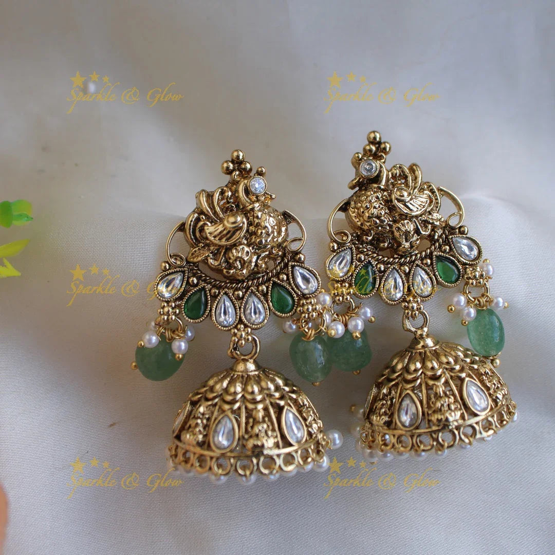 Stunning Lakshmi elephant and peacock carved short necklace with mint green beads and stones - white - Sparkle and Glow