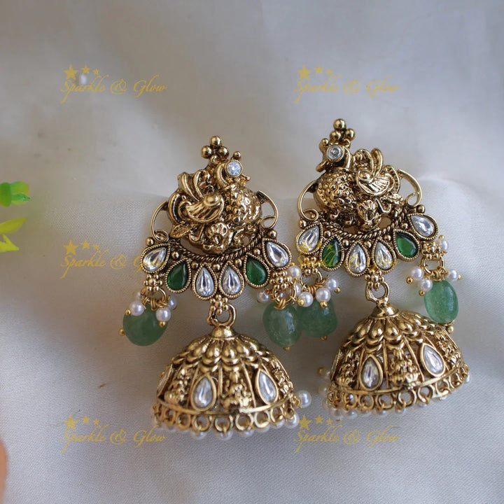 Stunning Lakshmi elephant and peacock carved short necklace with mint green beads and stones - white - Sparkle and Glow