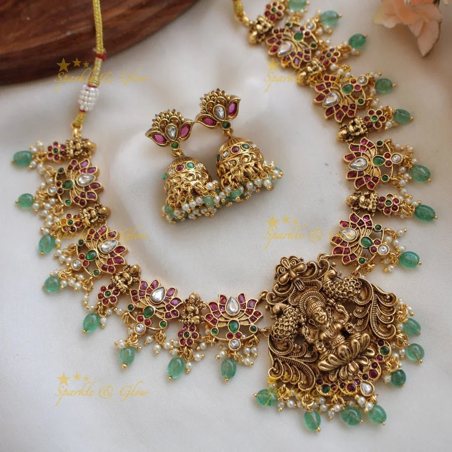 Elegant Lakshmi Lotus design kemp stone short necklace with pearls and mint green beads - Sparkle and Glow