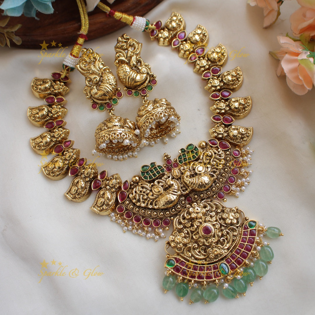 Beautiful Mango peacock design kemp stone short necklace pearls and mint green beads