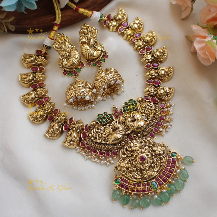 Beautiful Mango peacock design kemp stone short necklace pearls and mint green beads
