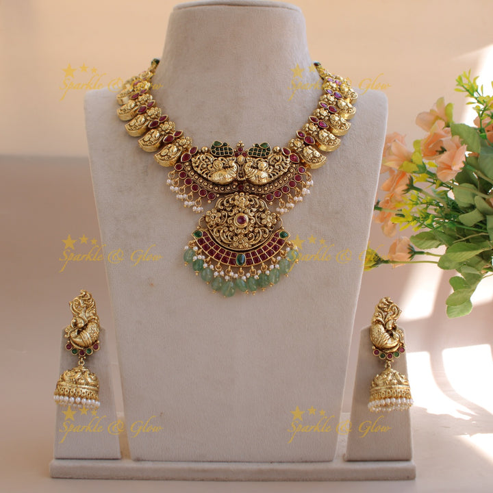 Beautiful Mango peacock design kemp stone short necklace pearls and mint green beads